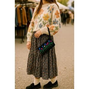 Artsy Handmade Envelope Wristlet Bag Top Zipper Floral Blk Boho Indie Festival